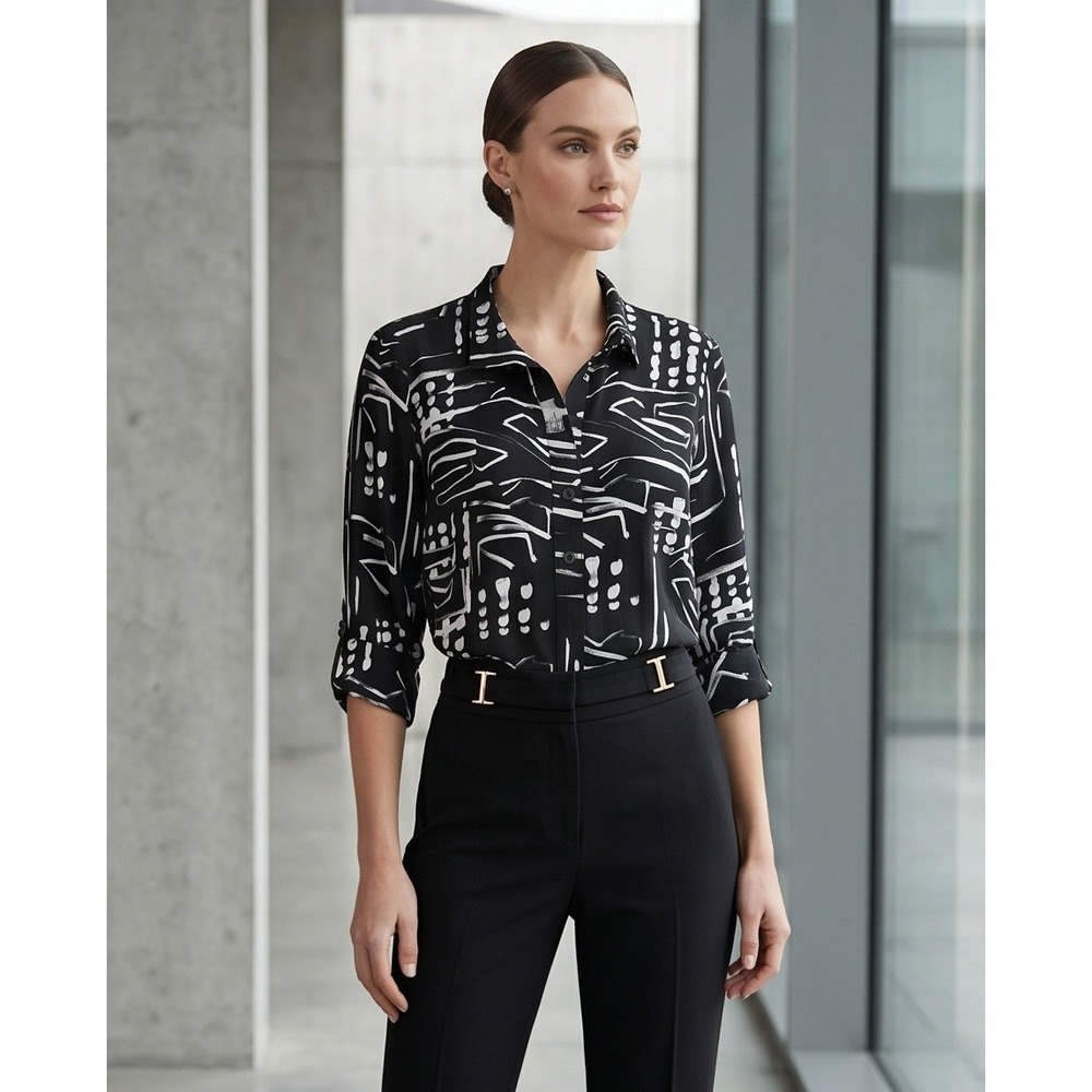 Joseph Ribkoff‎ Runway 14  Abstract Print Button Up Blouse Black White NWT